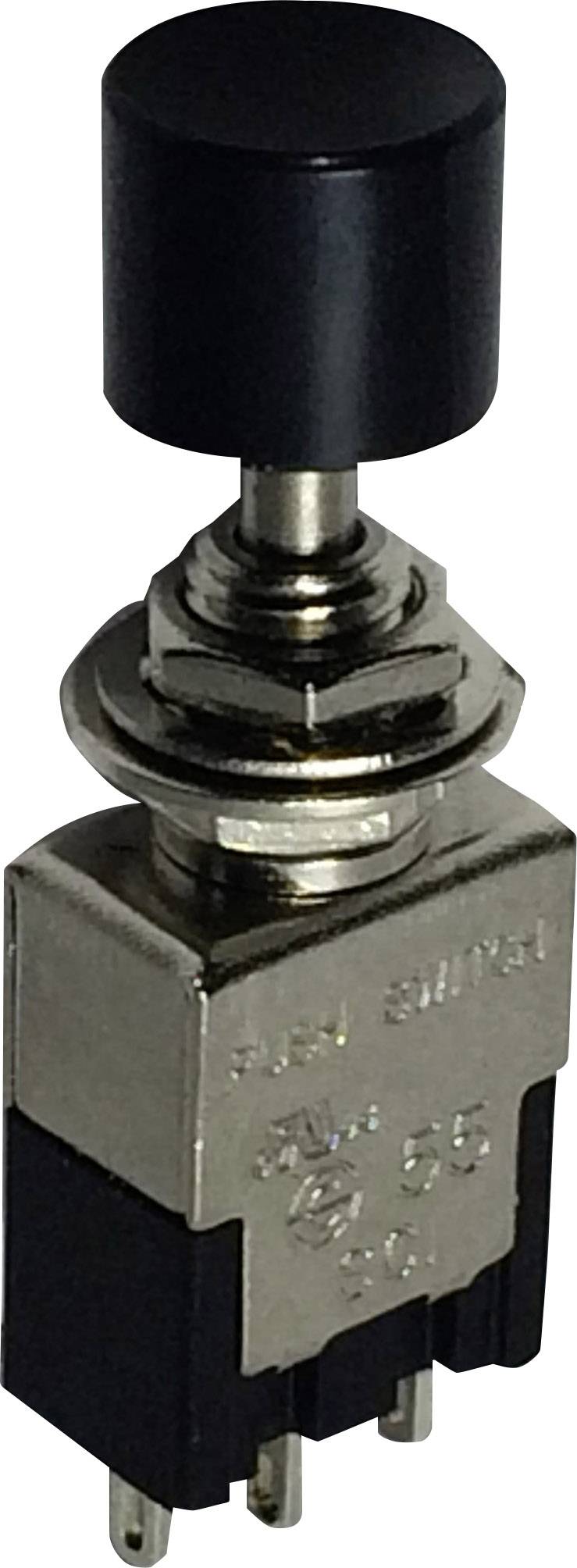 Ein schwarzer Kippschalter mit Metallgehäuse und drei Pins, geeignet für elektronische Geräte und Gitarrenverstärker.