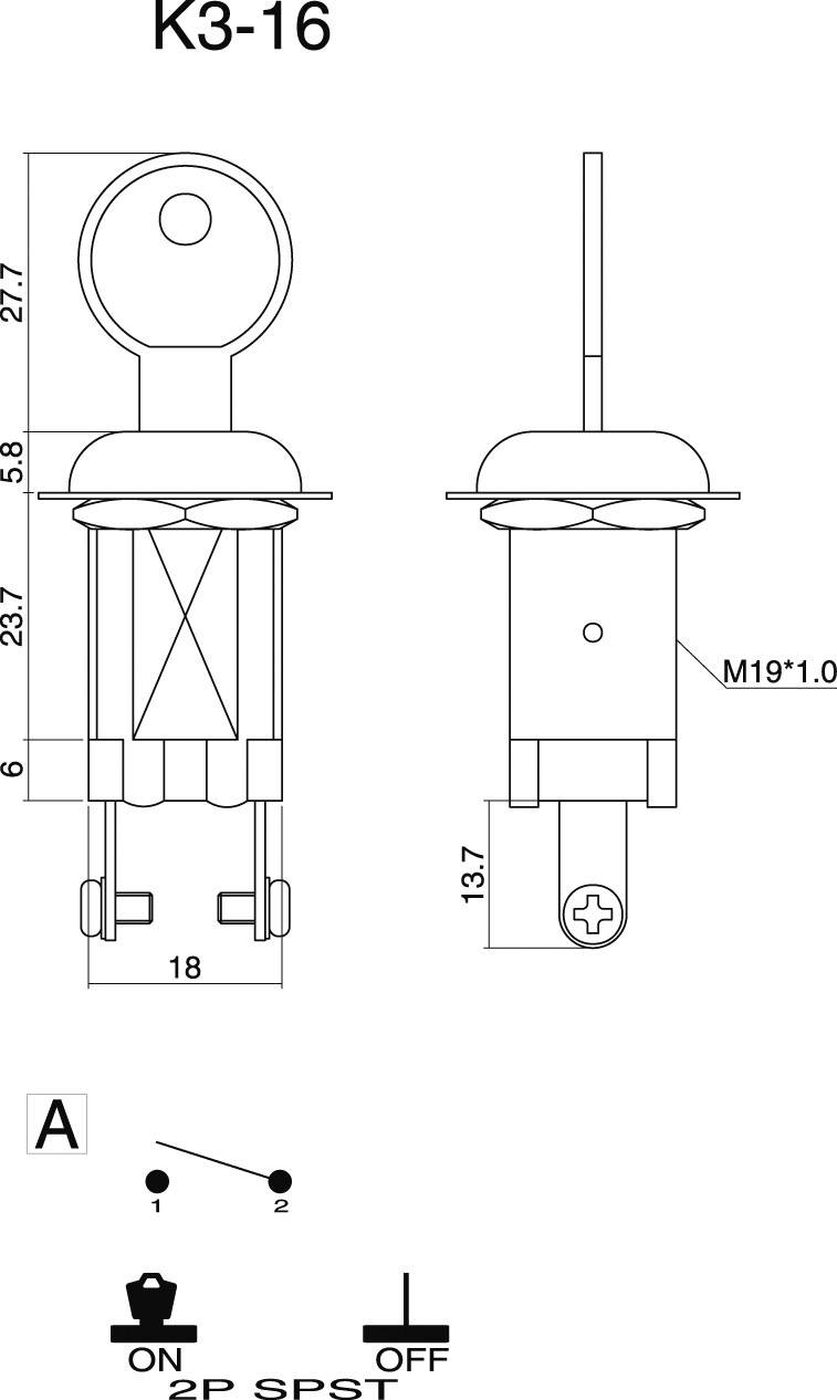 TRU Components 1588006 TC-K3-16B-06 Schlüsselschalter 24 V/DC 10A 1 x Aus/Ein 1 x 90° 1St.