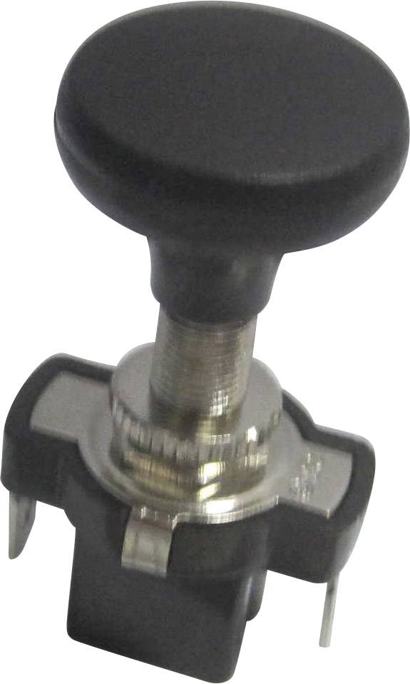 Ein schwarzer Druckknopf mit silberner Befestigung und zwei Anschlussstiften unten, geeignet für elektronische Geräte und Schaltungen.