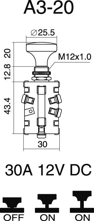 TRU Components TC-A3-20B-SQ Kfz-Zugschalter 12 V/DC 30A 2 x Aus/Ein/Ein rastend 1St.