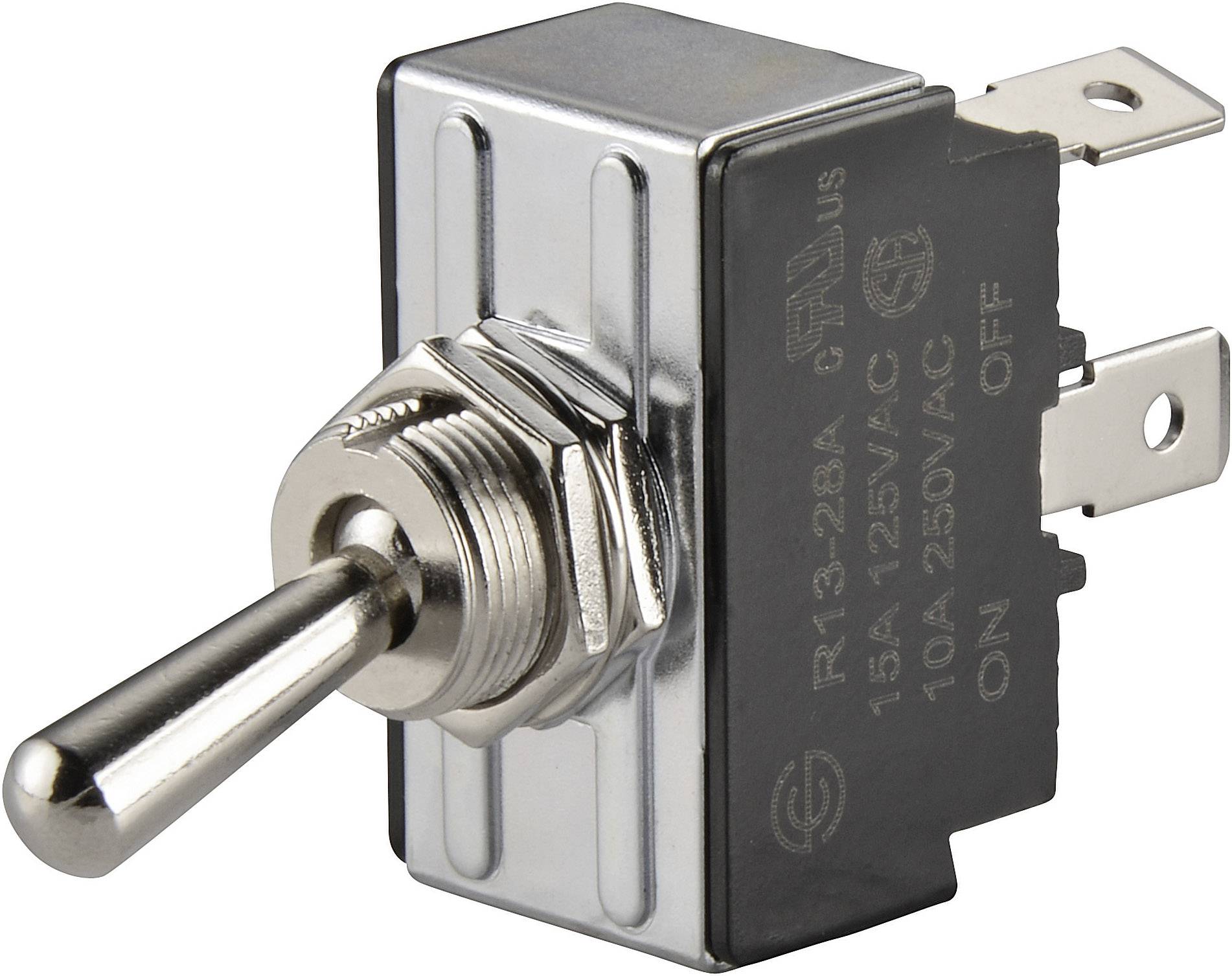 Ein silberner Kippschalter mit zwei Stellungen: 'ON' und 'OFF', geeignet für 15A/125V AC oder 10A/250V AC Anwendungen.