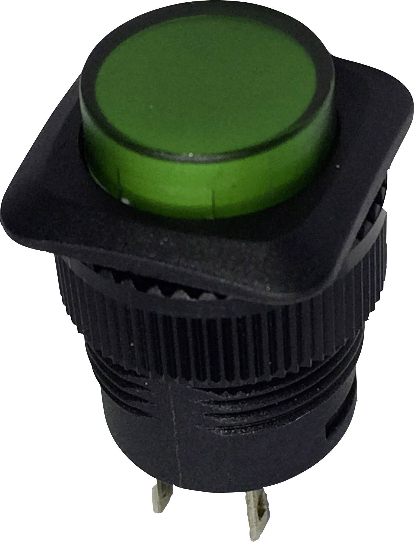 Ein grüner runder Druckknopf auf einem schwarzen Sockel, verwendet zur Steuerung elektrischer Geräte.