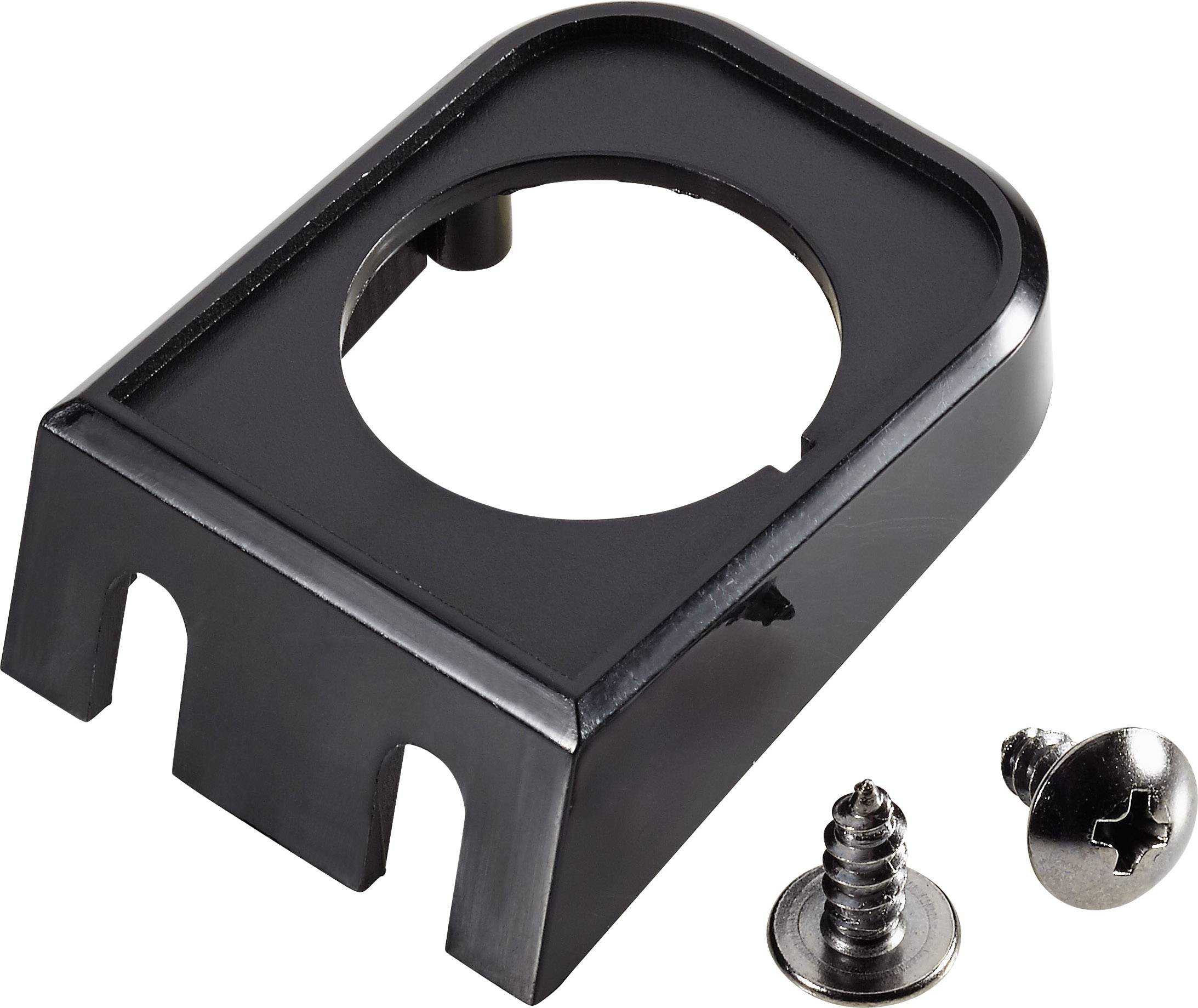 Schwarze Kunststoffhalterung mit zwei Metallschrauben. Ideal zur Befestigung elektronischer Komponenten.