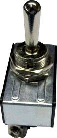 Ein Kippschalter in Nahaufnahme, aus Metall und Kunststoff, für die Steuerung elektronischer Geräte oder Schaltungen.