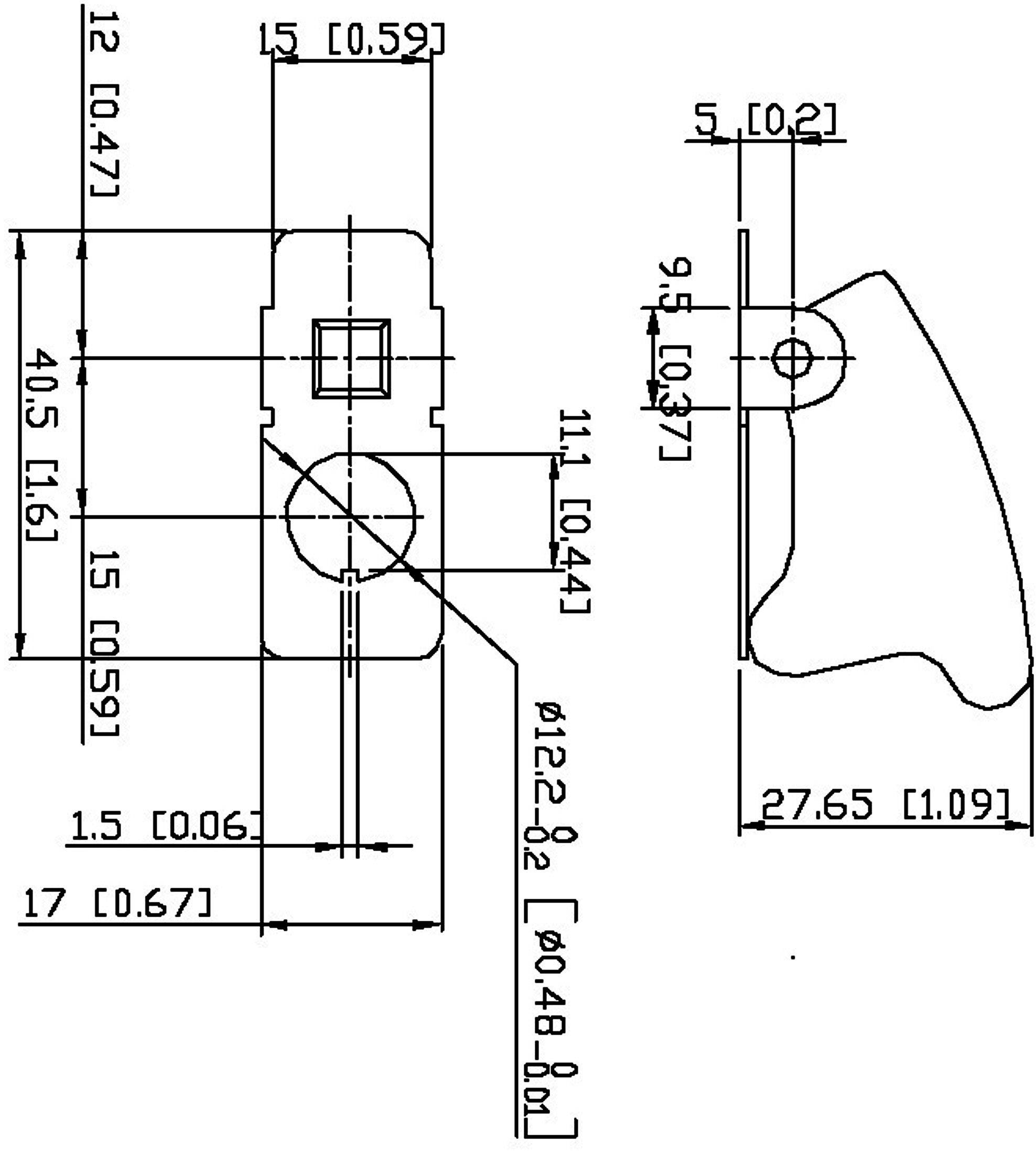 Technische Zeichnung eines Metallteils mit Abmessungen. Vorder- und Seitenansicht sind gezeigt. Wichtige Maße sind in Millimetern und Zoll angegeben.