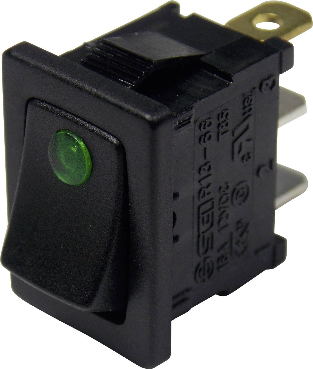 Schwarz-grüner Kippschalter, einpolig mit drei Anschlüssen, für elektronische Geräte. Ideal für Ein/Aus-Funktionen.