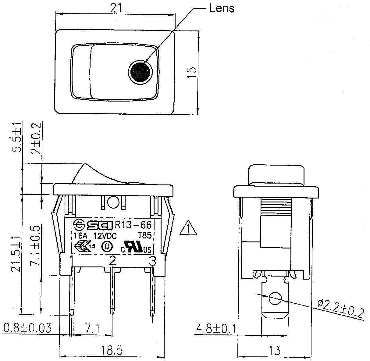 TRU Components 1587845 Wippschalter TC-R13-66B2-02 B/B 12 V/DC 16A 1 x Aus/Ein rastend