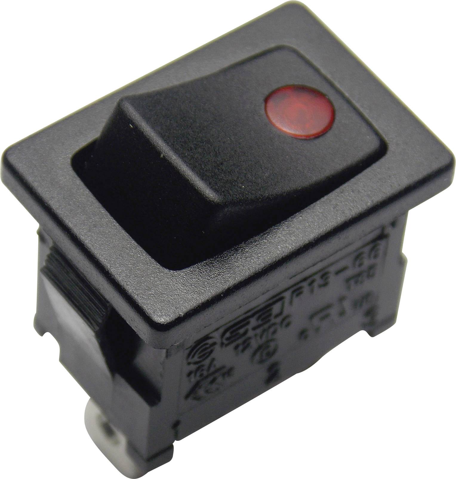 Ein schwarzer Kippschalter mit rotem Licht zeigt den Status an. Der Schalter ist für die Steuerung elektrischer Geräte geeignet.