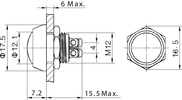 Technische Zeichnung eines runden Druckschalters mit Maßen: Durchmesser 17,5 mm, Gesamtlänge 15,5 mm, Gewinde M12.