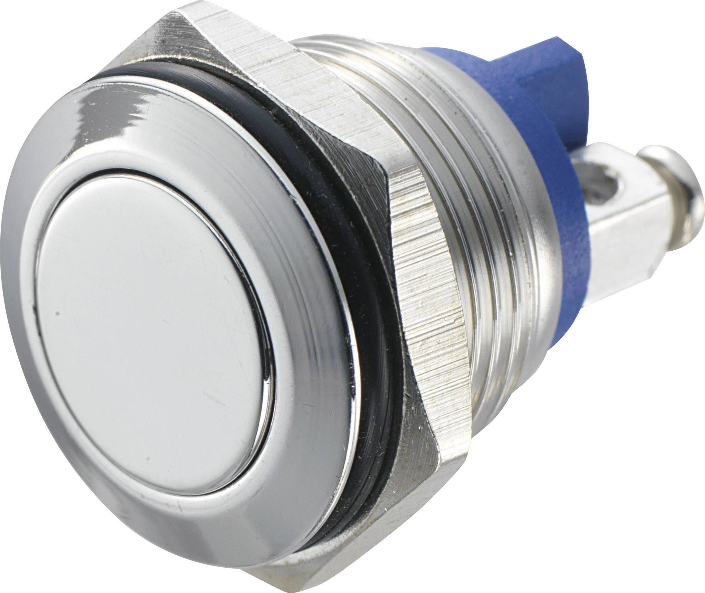 Ein silberfarbener runder Druckknopf mit blauem Sockel, geeignet für elektronische Anwendungen und Montage in Paneelen.
