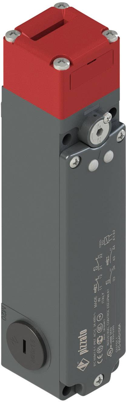 Industrie-Schaltelement mit grauem Gehäuse und rotem Kopfteil, das Verriegelungen verwendet. Enthält technische Details auf der Oberfläche.