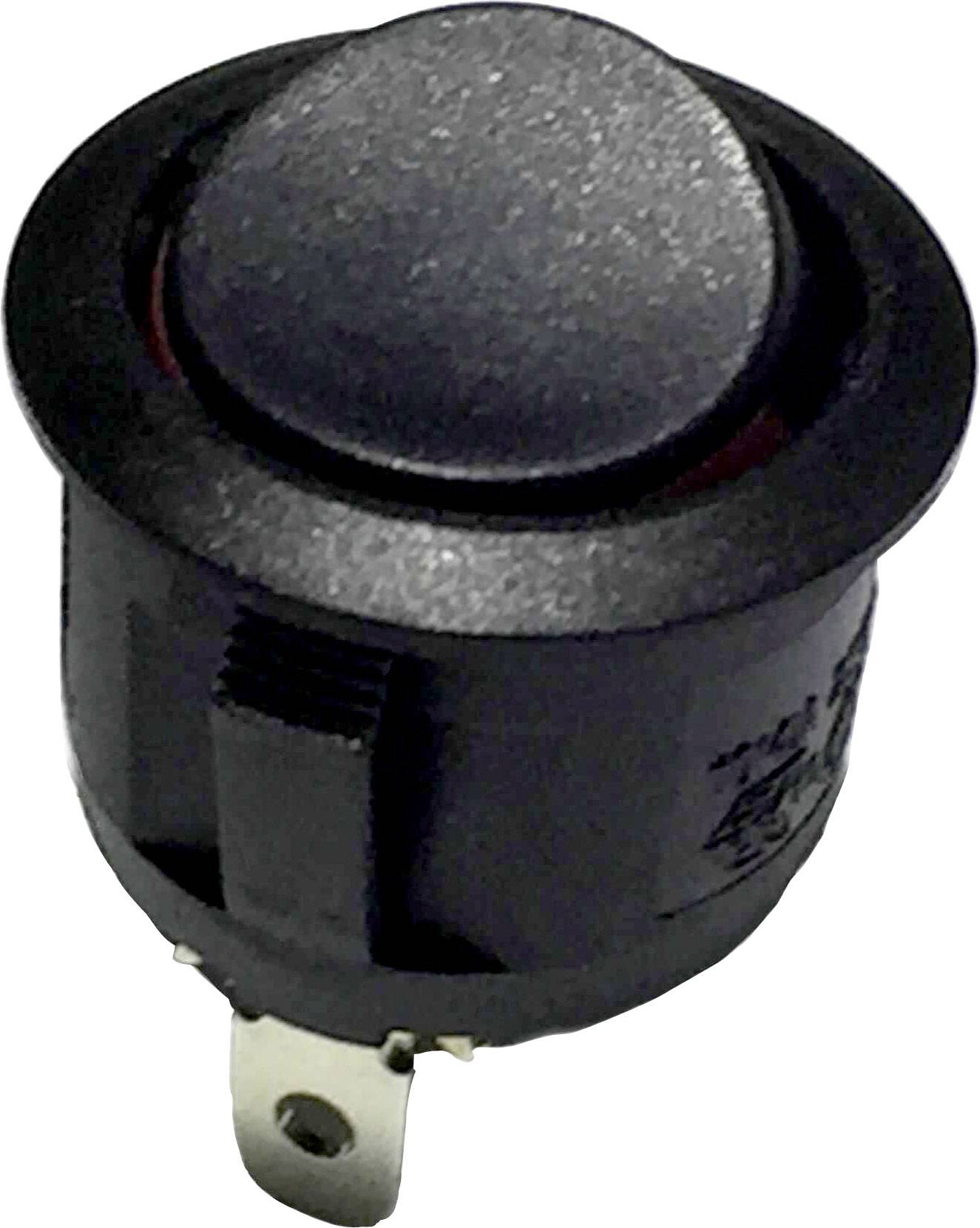 Schwarzer runder Druckschalter mit zwei Metallanschlüssen für elektrische Verbindungen. Geeignet für elektronische Geräte.
