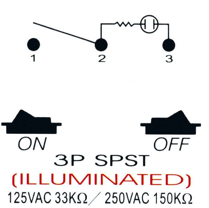 Schaltplan eines beleuchteten Schalters. 'ON' und 'OFF' Positionen sind markiert. Spannung: 125VAC 33kΩ / 250VAC 150kΩ.