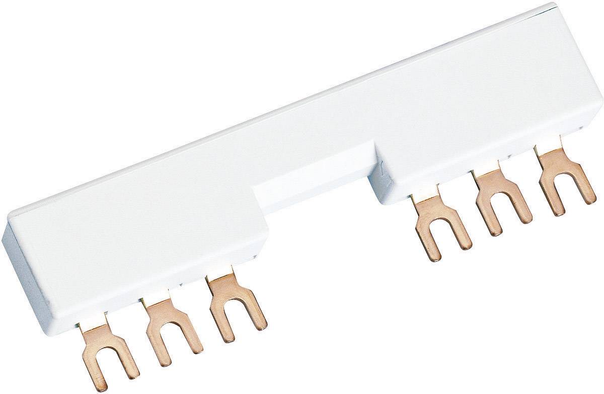 Verteilschiene mit vier Kupferkontakten für die elektrische Installation. Geeignet zum Anschließen von Schutzschaltern oder ähnlichen Geräten.