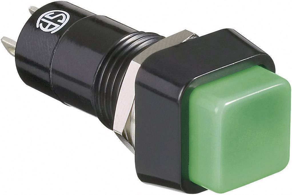 Ein schwarzer Drucktaster mit einem quadratischen, grünen Knopf, darauf abgebildet ein elektrisches Schaltsymbol.