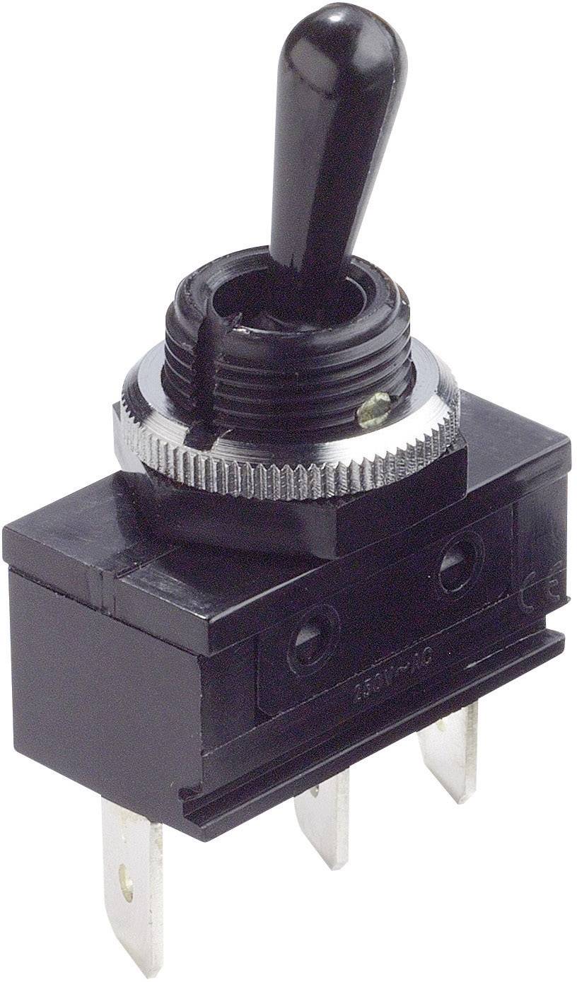 Ein schwarzer Kippschalter mit drei Anschlüssen, der zum Ein- und Ausschalten von elektrischen Geräten verwendet wird.