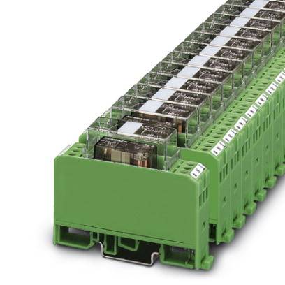 Eine grüne Relaisleiste mit mehreren klaren Relaismodulen in einer Reihe. Sie dient zur Schaltung elektrischer Signale.