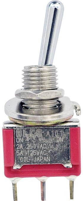 Metallschalter mit Kipphalterung in Position 'ON', rote Basis, technische Spezifikationen eingraviert, vier Anschlussstifte unten.