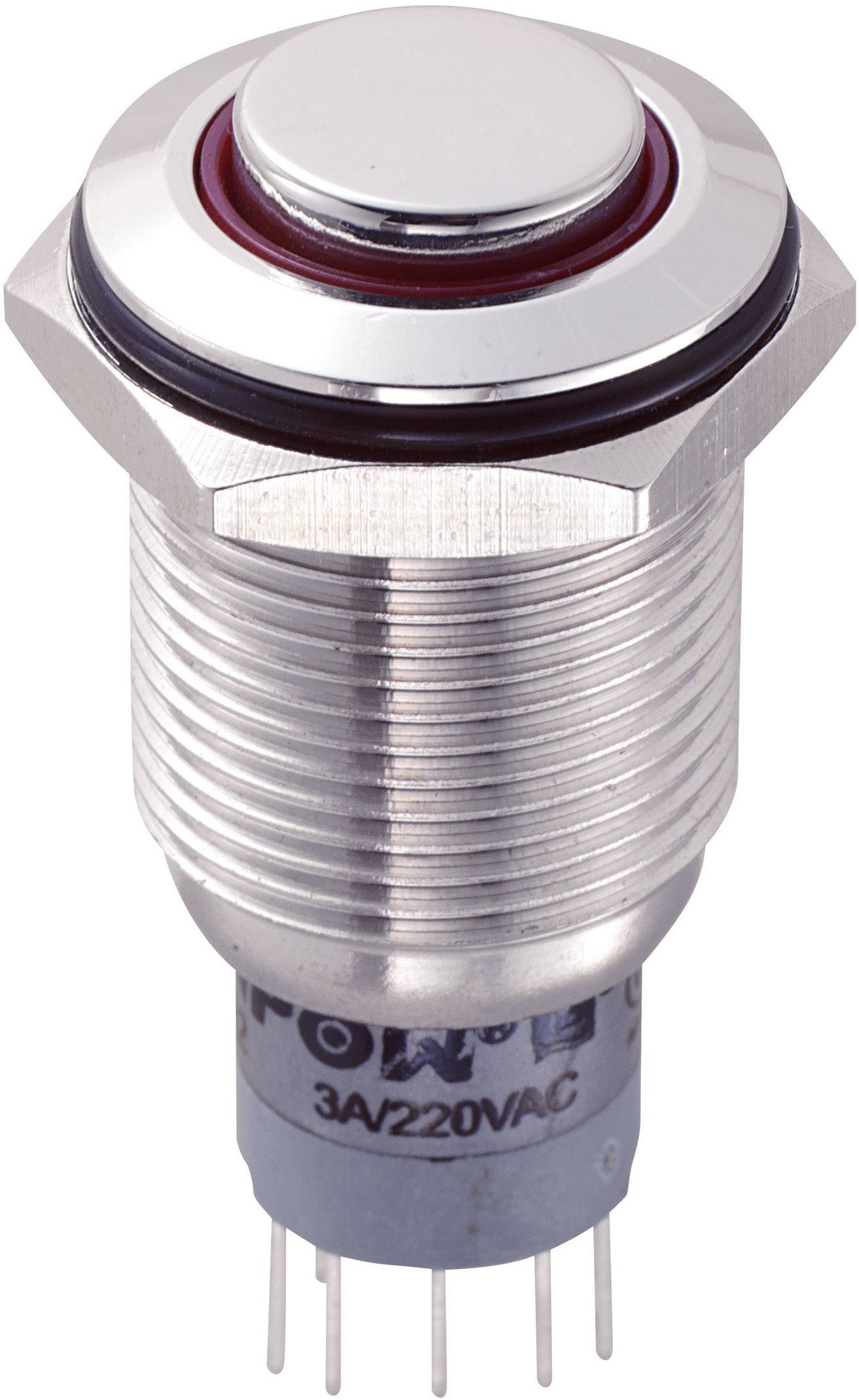 Ein runder, silberner Metall-Druckknopf mit rotem Ring und Beschriftung '3A/220VAC' an der Seite, geeignet für den Einsatz in elektronischen Geräten.