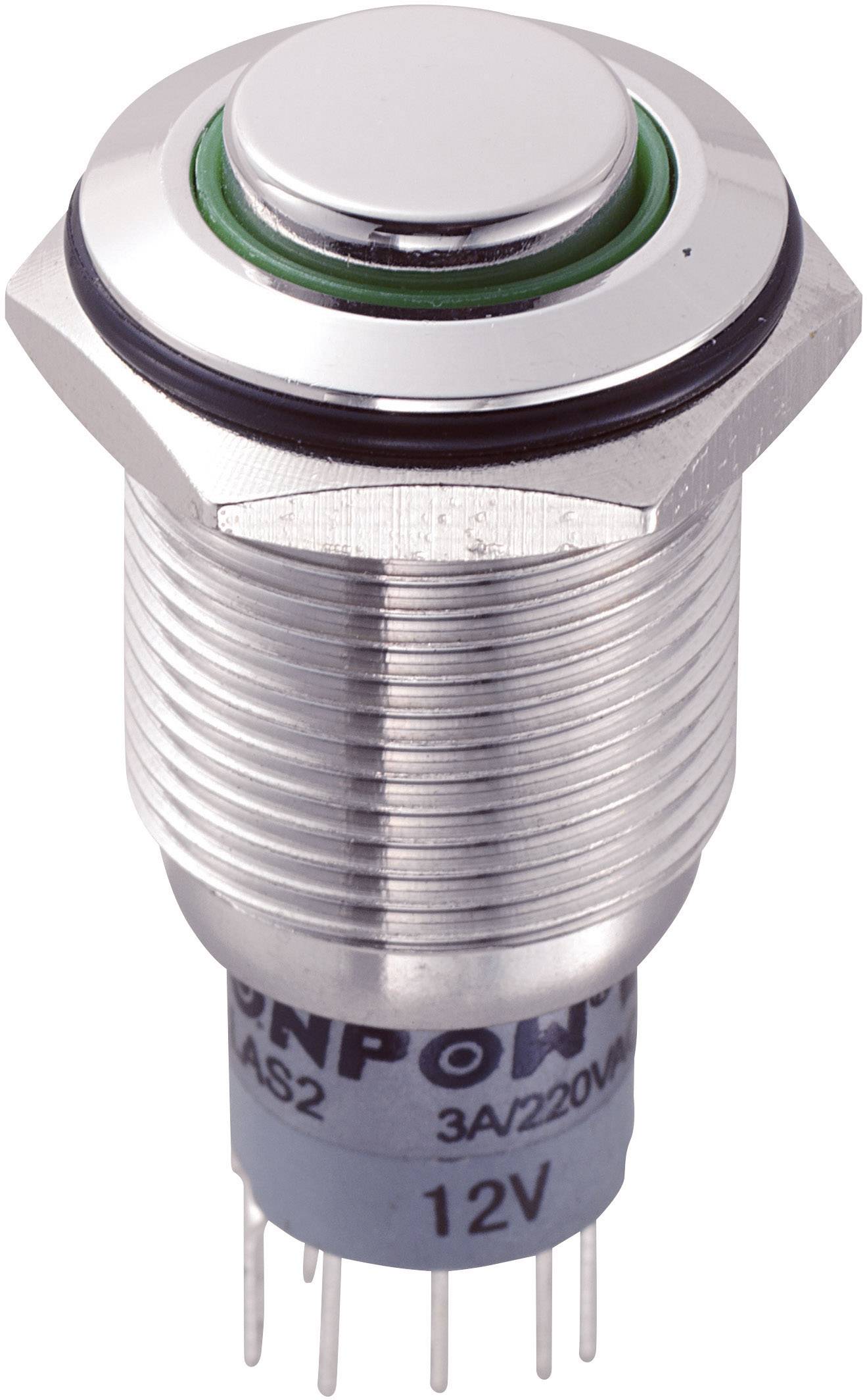 Ein Metall-Drucktaster mit grünem Ring, geeignet für 12V und 3A/220V. Verwendet für elektrische Schaltungen und Steuerungen.
