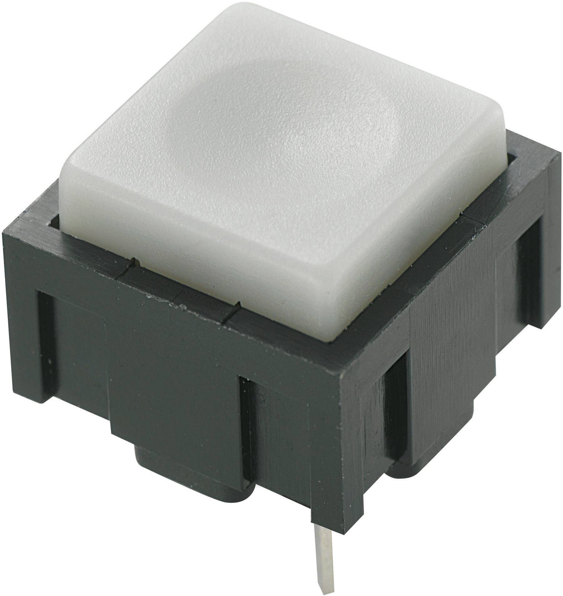 Quadratischer Druckschalter mit schwarzem Gehäuse und hellem, erhabenem Betätigungsknopf für elektronische Anwendungen.