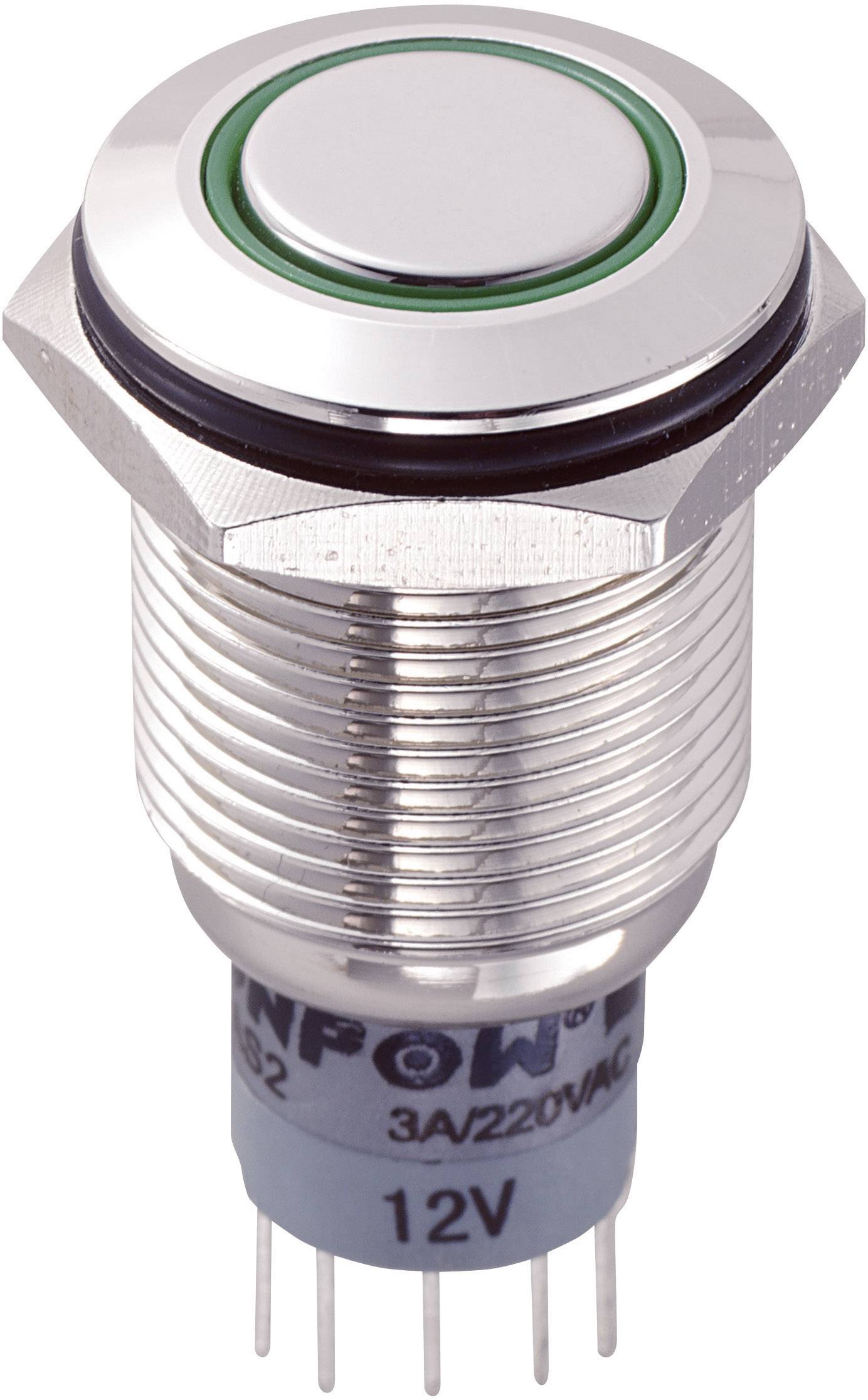 Ein runder Metallschalter mit grünem Ring und mehreren Steckkontaktstiften an der Unterseite, geeignet für 12V, 3A/220VAC Anwendungen.