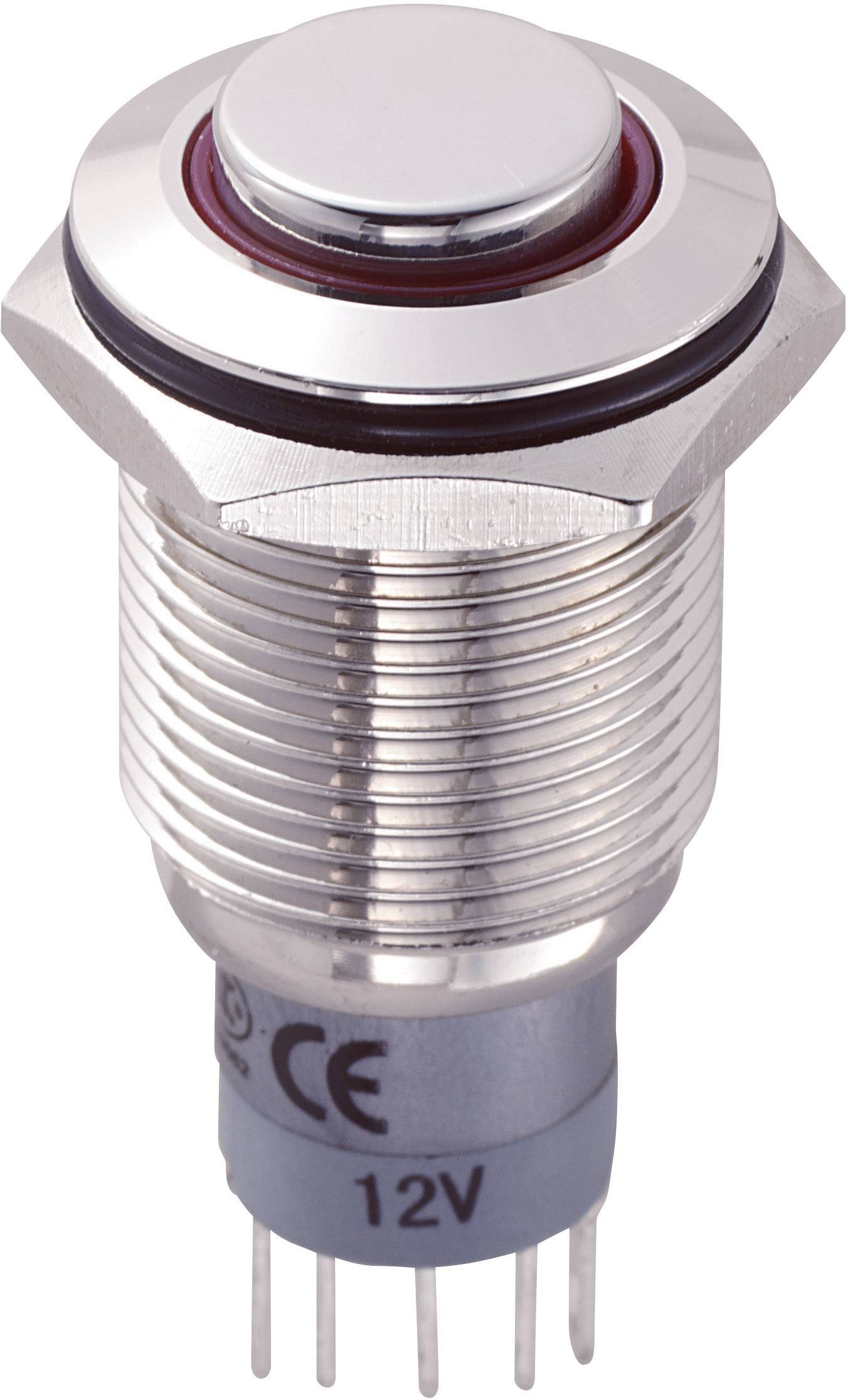 Metallischer Druckschalter mit rotem Dichtungsring und CE-Kennzeichnung, 12V-Beschriftung, für elektronische Geräte geeignet.