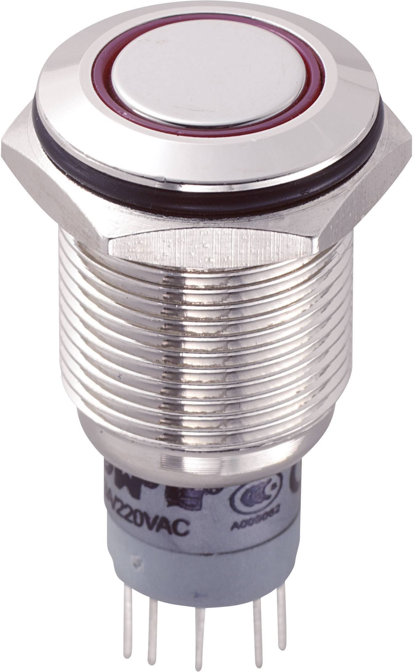 Ein silberfarbener, metallischer Druckknopfschalter mit rotem Ring, geeignet für 220V AC. Schraubgewinde und sechs Anschlusspins.