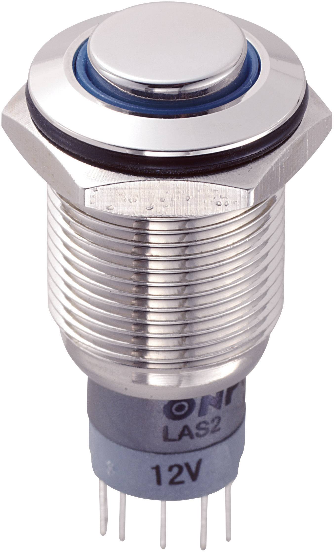 Schalter mit rundem Druckknopf und silbernem Metallrahmen, geeignet für 12V Systeme.