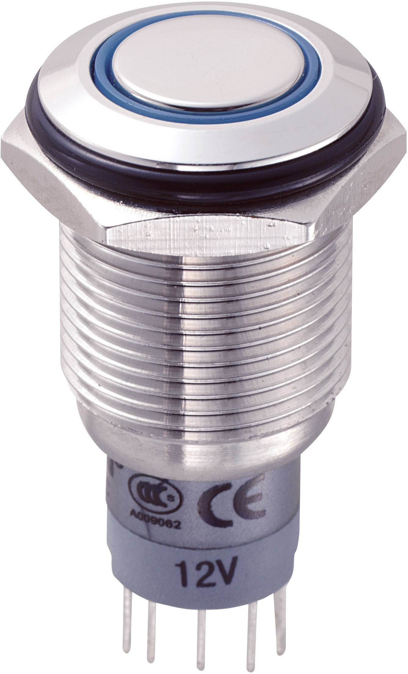 Ein runder Druckknopfschalter aus Metall mit blauem Rand und CE-Kennzeichnung. Geeignet für 12V-Systeme, zeigt mehrere Anschlussstifte.