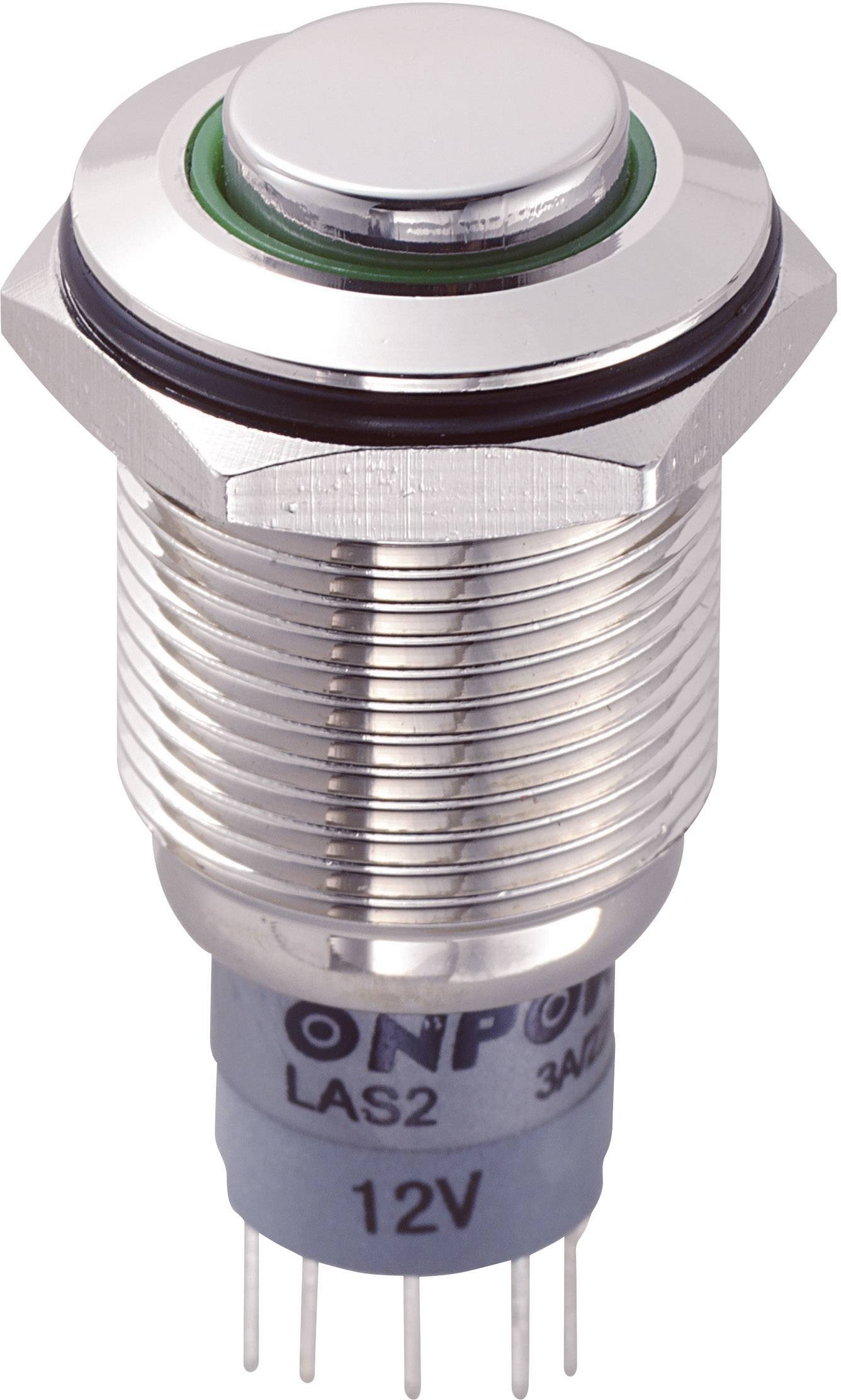 Metallschalter mit rundem Druckknopf, grünem LED-Ring, Beschriftung '12V'. Geeignet für elektronische Steuerungen.