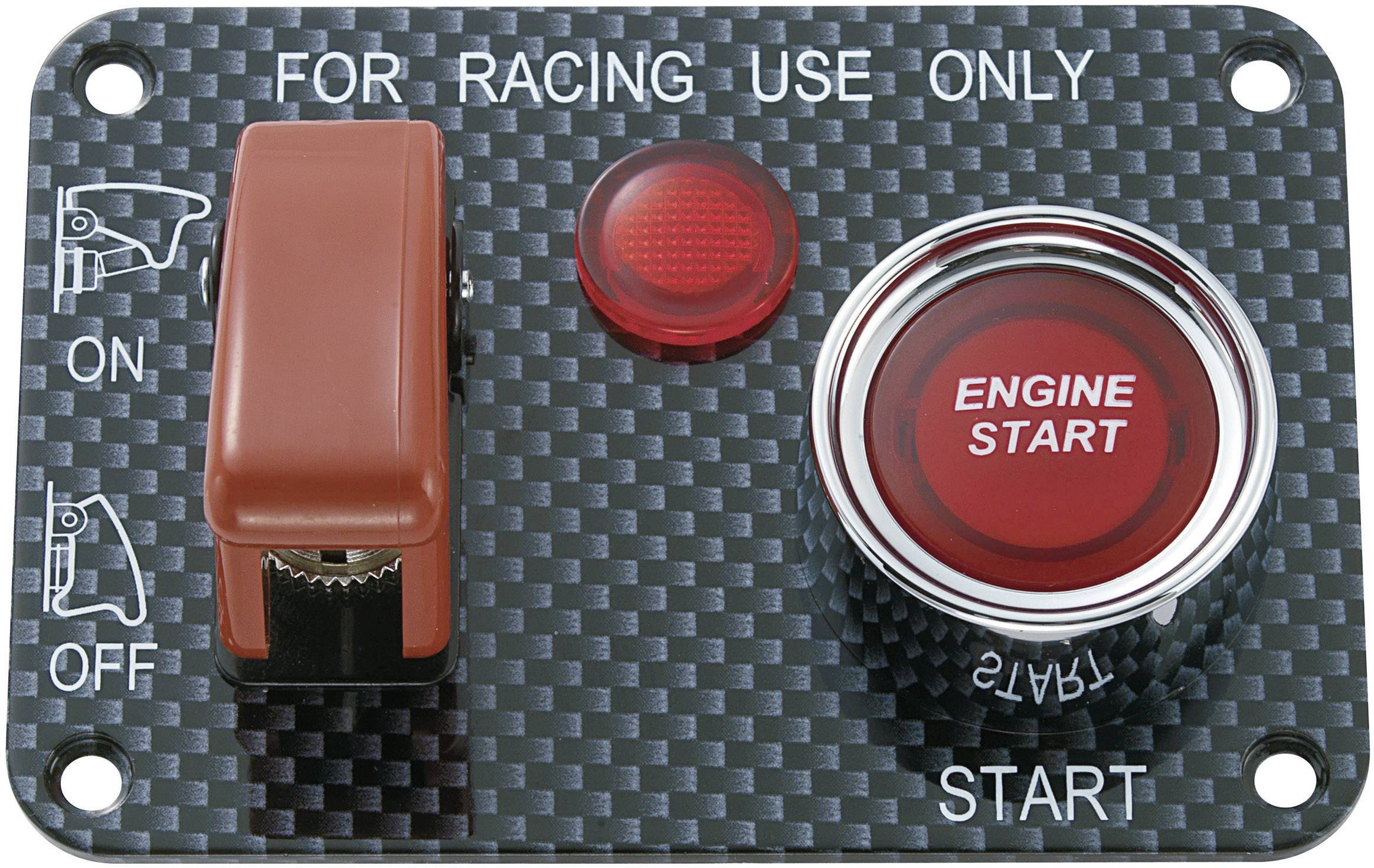 Schalterplatte mit rotem Hebelschalter, roter Drucktaste mit der Beschriftung 'ENGINE START' und Warnung 'FOR RACING USE ONLY'.