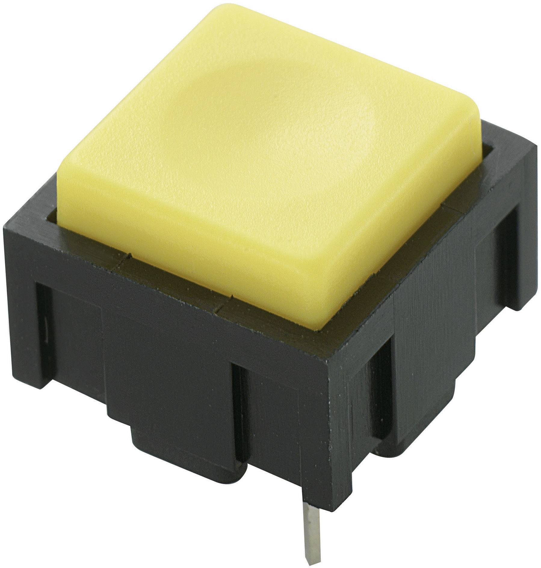 Quadratischer gelber Taster auf schwarzem Gehäuse, geeignet für elektronische Schaltungen.