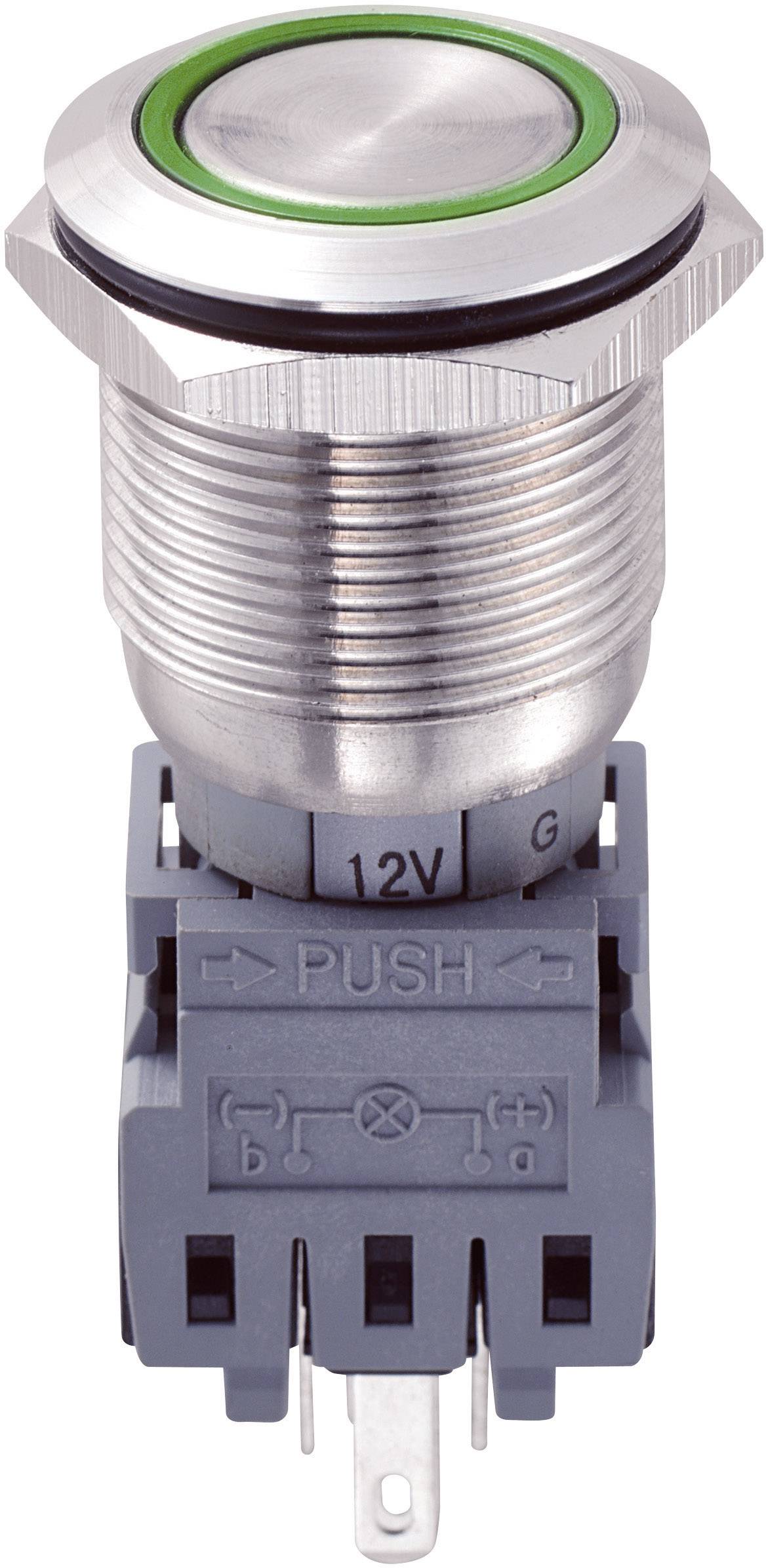 Ein metallener Druckknopf mit grünem Ring und der Aufschrift '12V PUSH', montiert auf einer grauen Basis mit Anschlüssen.