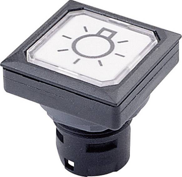 Quadratischer, schwarzer Druckschalter mit Leuchtsymbol, symbolisiert Lichtsteuerung oder Lampenfunktion.