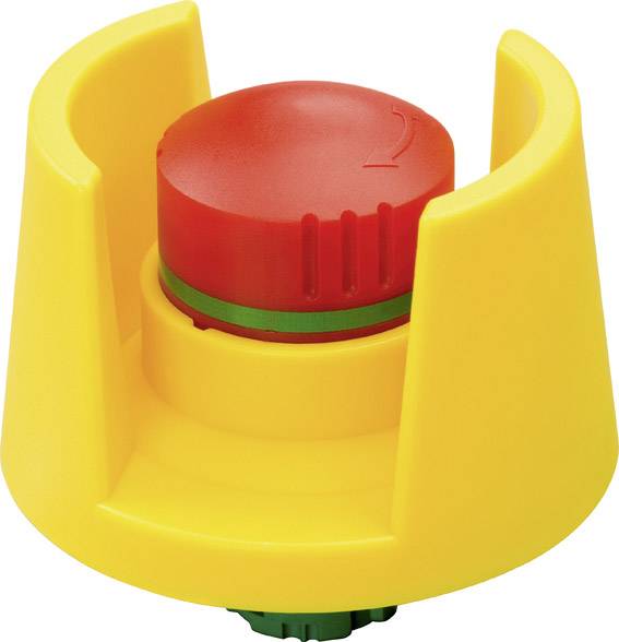 Gelber Sicherheits-Pilzschalter mit rotem Knopf, der zum schnellen Abschalten von Maschinen oder Geräten in Notfällen genutzt wird.