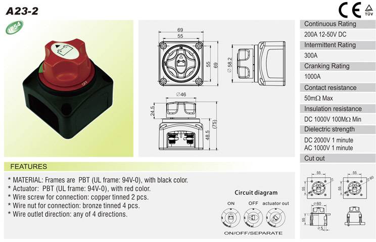 TRU Components TC-A23-2 Kfz-Batterieschalter 12 V/DC, 50 V/DC 200A 1 x Aus/Ein rastend IP54 1St.