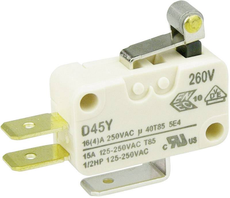 Ein weißer Mikroschalter mit schwarzem Hebel und goldfarbenen Anschlüssen. Er ist für 250V und 16/15A ausgelegt, mit verschiedenen Zertifizierungen.