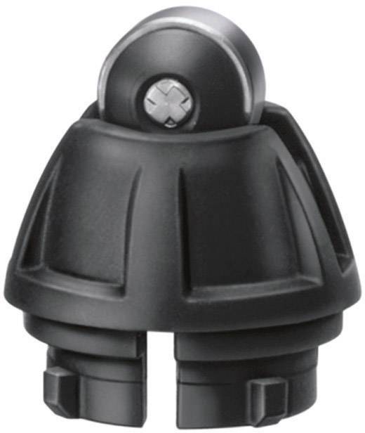 Ein schwarzes, kugelförmiges mechanisches Teil mit einer zentralen Schraube und Rillen. Möglicherweise ein Verbindungsstück oder Gelenk.