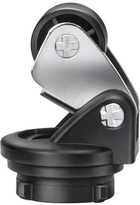 Schwenkbare Vorrichtung mit Rollen und Schrauben, hauptsächlich in schwarz und silber. Wird häufig für Möbel oder technische Anwendungen verwendet.