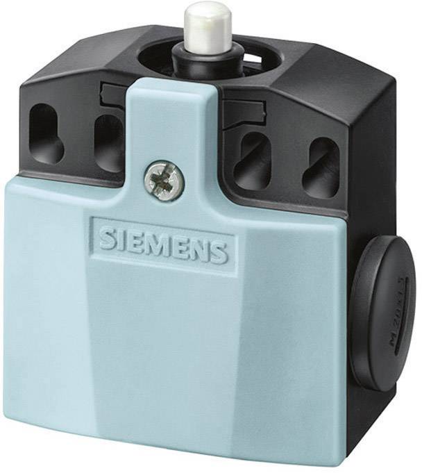 Ein blau-schwarzer Siemens-Schalter, hauptsächlich aus Kunststoff, mit einem Druckknopf an der Oberseite, geeignet für industrielle Anwendungen.