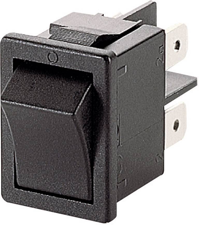Ein schwarzer Wippschalter mit drei Metallanschlüssen, abgebildet von der Seite, in ausgeschalteter Position.