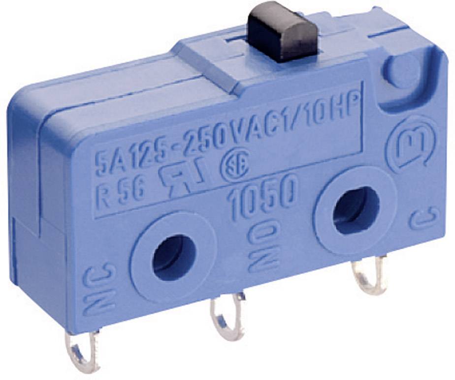 Blauer Mikroschalter mit drei Anschlüssen, Beschriftung '5A 125-250VAC', geeignet für elektrische Schaltungen und Steuerungen.