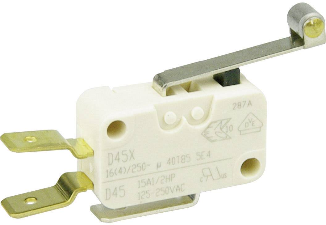 Ein weißer Mikroschalter mit Metallhebel und zwei goldfarbenen Anschlüssen. Beschriftet mit 'D45X', '15A/125-250VAC'.