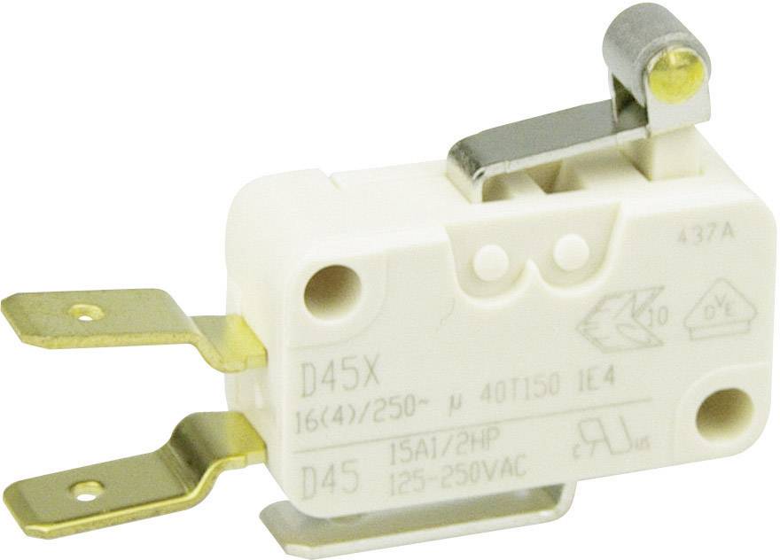 Ein weißer Mikroschalter mit Metallhebel und zwei Anschlüssen, geeignet für elektrische Geräte.