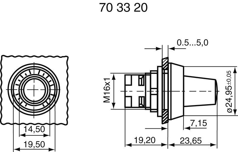 Technische Zeichnung eines zylindrischen Bauteils mit Maßen und Gewinde M16x1, Seiten- und Vorderansicht mit detaillierten Abmessungen.
