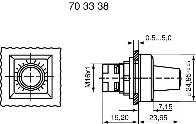 Technische Zeichnung eines quadratischen Schalters mit Schalterdimensionen und Montagedetails. Maße und Gewindegröße angegeben.