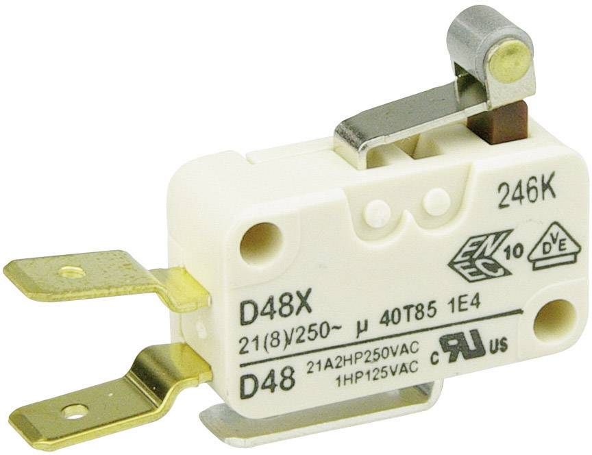 Ein Mikroschalter mit Hebel und zwei Anschlüssen, Modell 'D48X', ausgelegt für 250V und 21A, mit Zertifizierungsmarken auf der Oberfläche.