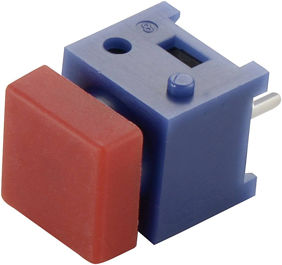 Ein blauer Elektroschalter mit rotem Abdeckungsknopf, rechteckige Form, seitliche Steckverbinder.