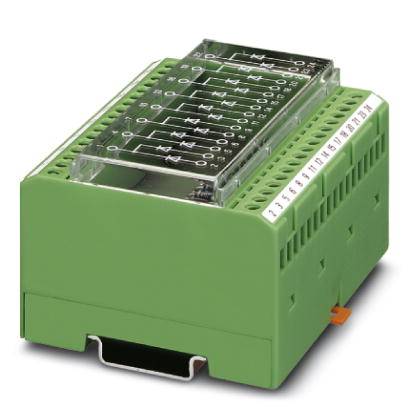 Ein grünes, rechteckiges elektronisches Gerät mit nummerierten Anschlüssen auf der oberen Seite, verwendet in der Elektrotechnik.